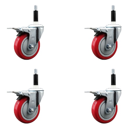 Service Caster 4'' Red Poly Swivel 7/8'' Expanding Stem Caster Set Total Lock Brake, 4PK SCC-EXTTL20S414-PPUB-RED-78-4